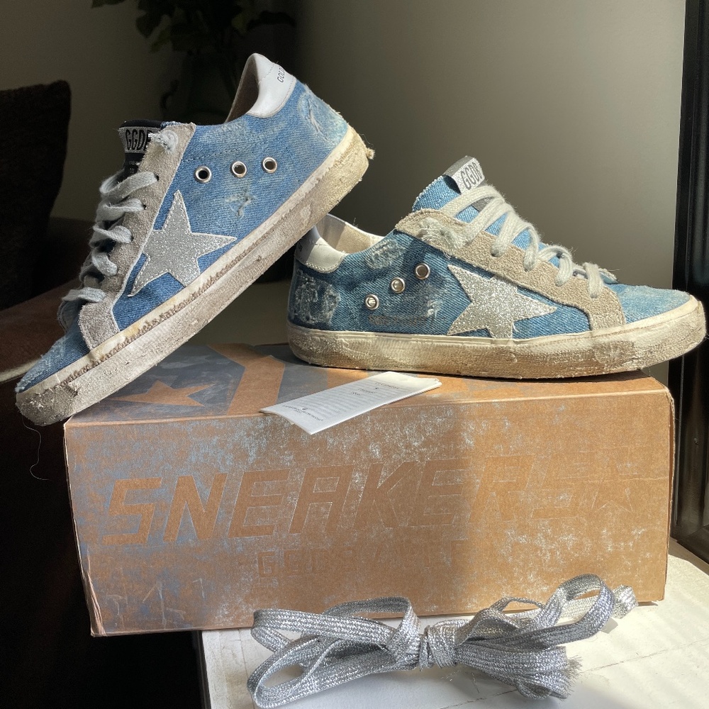 GOLDEN GOOSE BLUE DENIM SILVER SUPERSTAR SNEAKERS W/ BOX DUSTBAG SZ 6 36